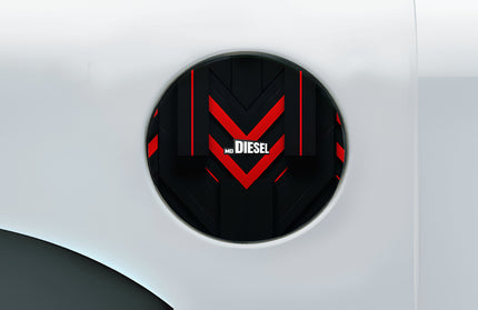 DIESEL logo on a car fuel cap with red and black design.