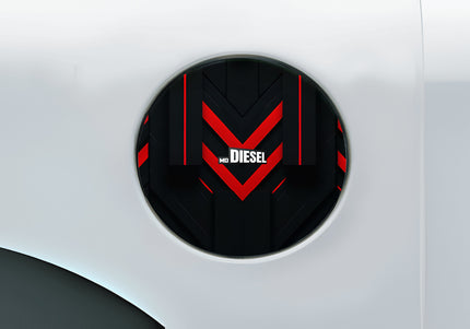 DIESEL logo on a car fuel cap with red and black design.